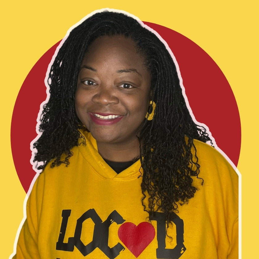 Person wearing a yellow shirt with 'LOCD' design on a yellow background